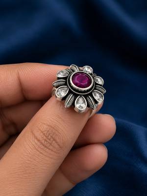 German silver oxidized cz wine floral adjustable finger ring 3
