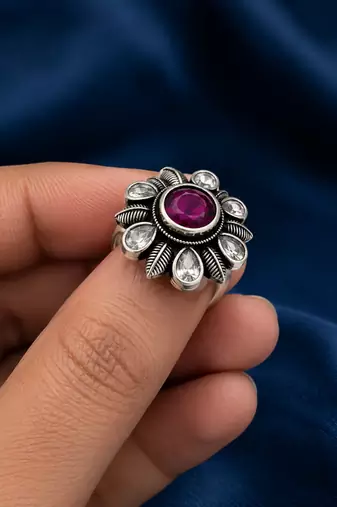 German silver oxidized cz wine floral adjustable finger ring