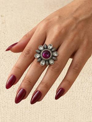 German silver oxidized cz wine floral adjustable finger ring 4