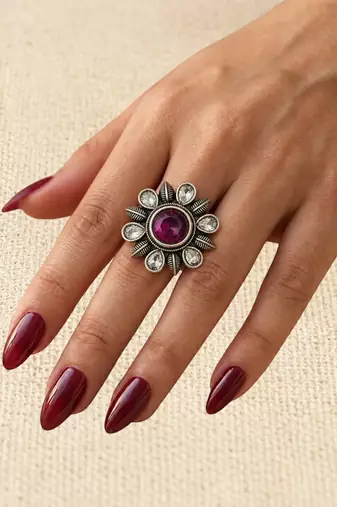 German silver oxidized cz wine floral adjustable finger ring