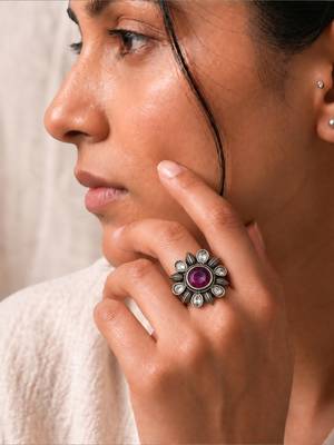 German silver oxidized cz wine floral adjustable finger ring 5