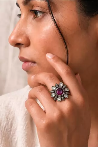 German silver oxidized cz wine floral adjustable finger ring