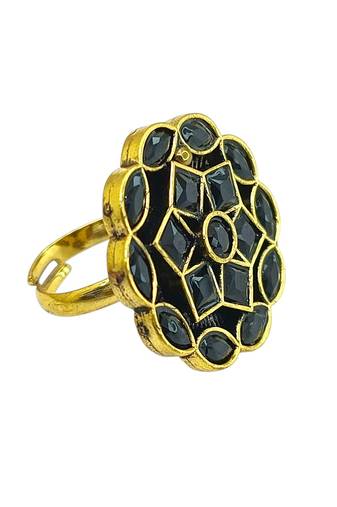Black geometric floral adjustable finger ring