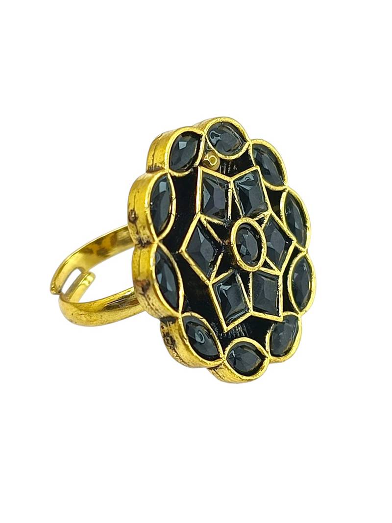 Black geometric floral adjustable finger ring