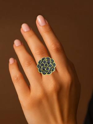 Black geometric floral adjustable finger ring 4