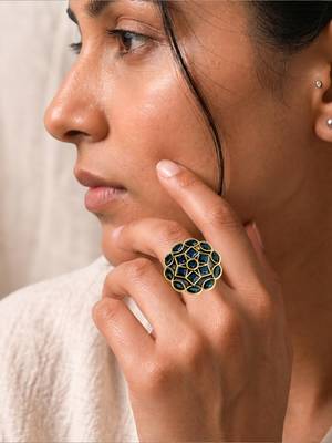 Black geometric floral adjustable finger ring 5