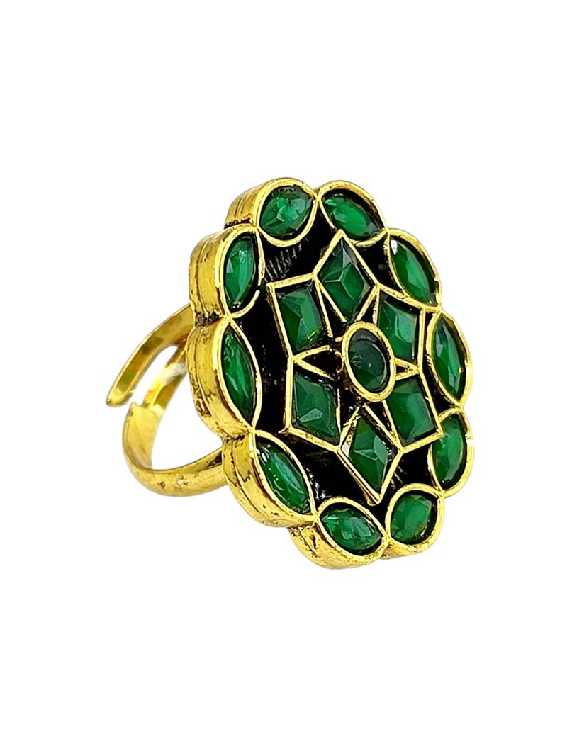 Green geometric floral adjustable finger ring