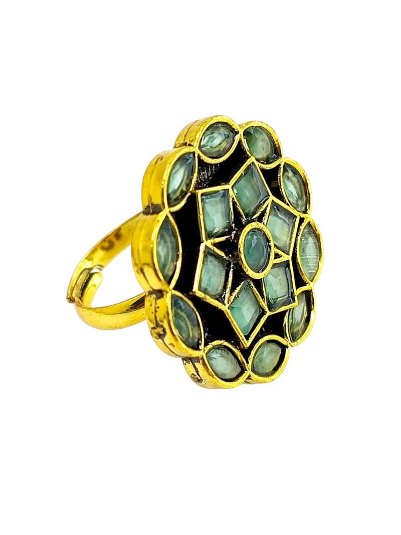 Mint green geometric floral adjustable finger ring