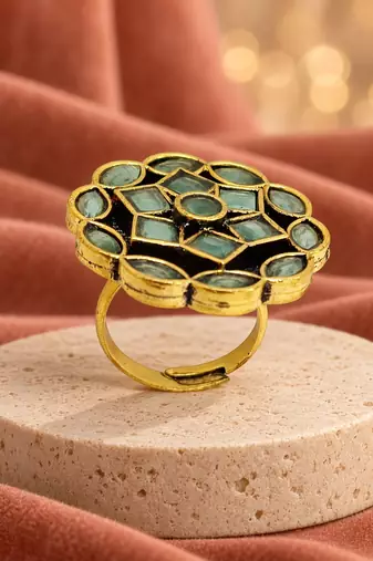 Mint green geometric floral adjustable finger ring