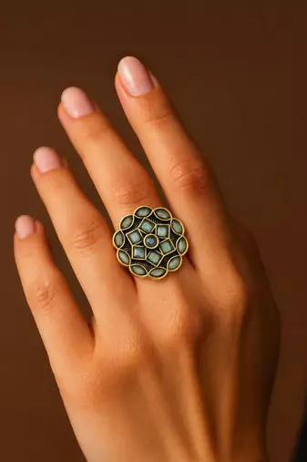 Mint green geometric floral adjustable finger ring