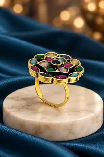 Multi geometric floral adjustable finger ring