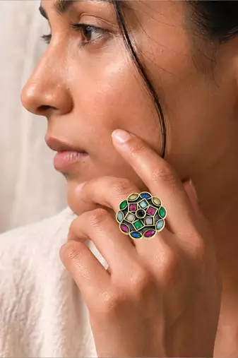 Multi geometric floral adjustable finger ring