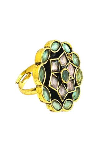 Peach green geometric floral adjustable finger ring