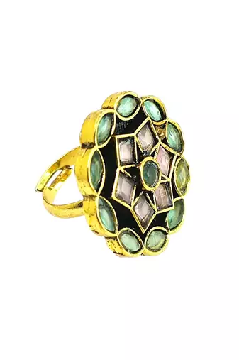 Peach green geometric floral adjustable finger ring