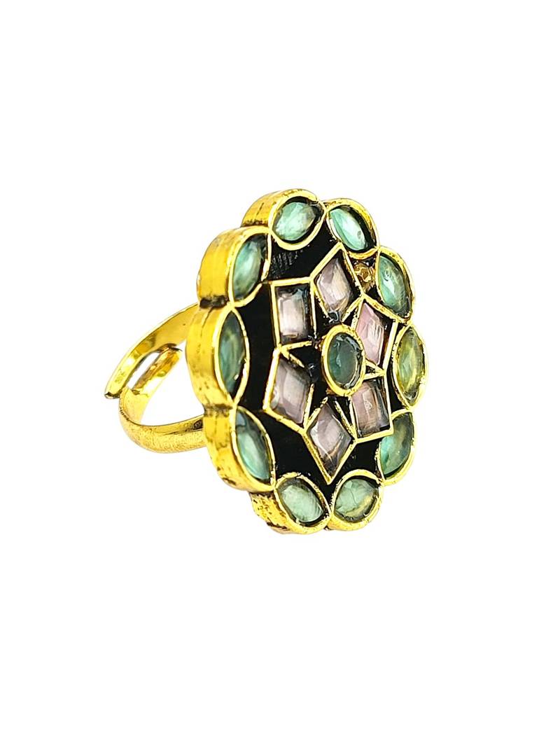Peach green geometric floral adjustable finger ring