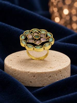 Peach green geometric floral adjustable finger ring 2