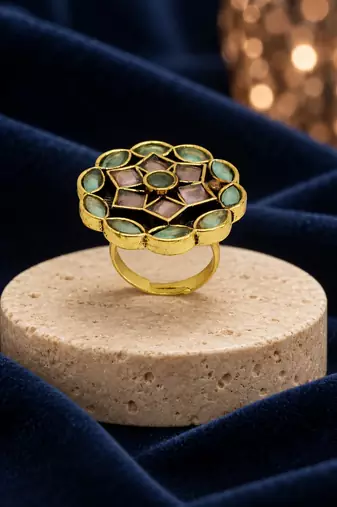 Peach green geometric floral adjustable finger ring