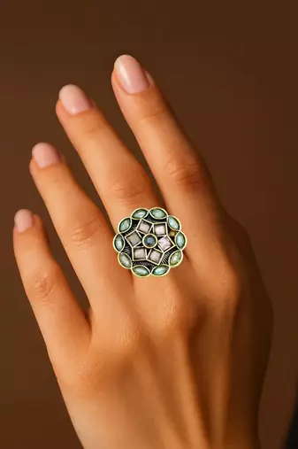 Peach green geometric floral adjustable finger ring