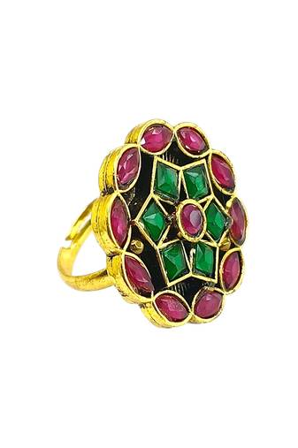 Red green geometric floral adjustable finger ring