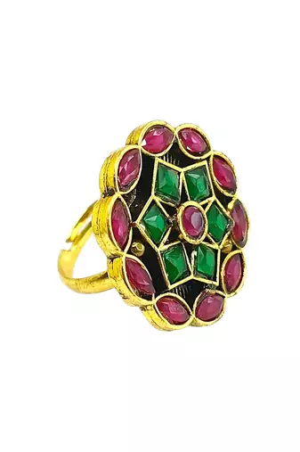Red green geometric floral adjustable finger ring
