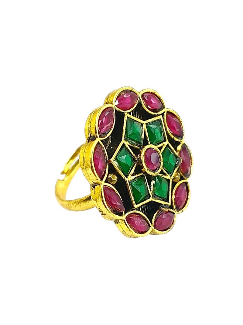 Red green geometric floral adjustable finger ring