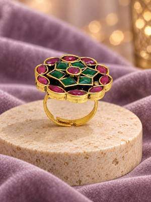 Red green geometric floral adjustable finger ring 2