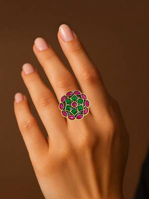 Red green geometric floral adjustable finger ring 4