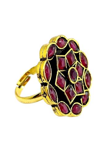 Ruby red geometric floral adjustable finger ring