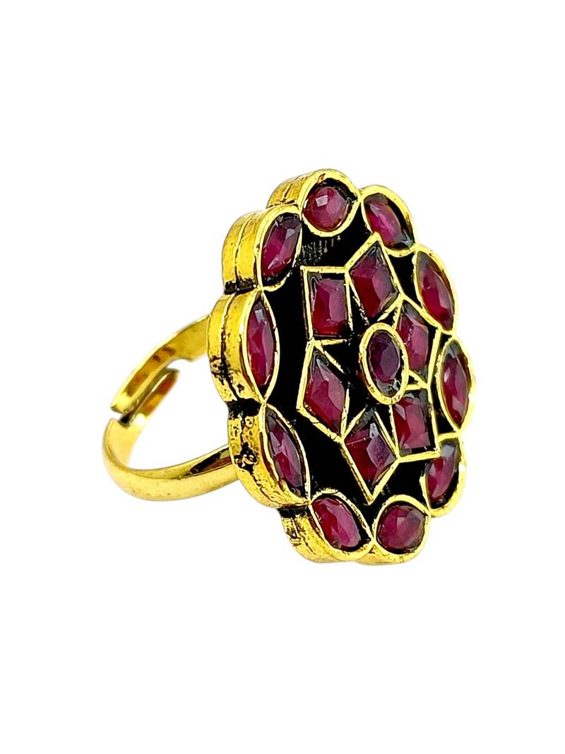 Ruby red geometric floral adjustable finger ring