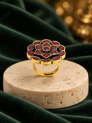 Ruby red geometric floral adjustable finger ring 2