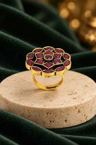 Ruby red geometric floral adjustable finger ring