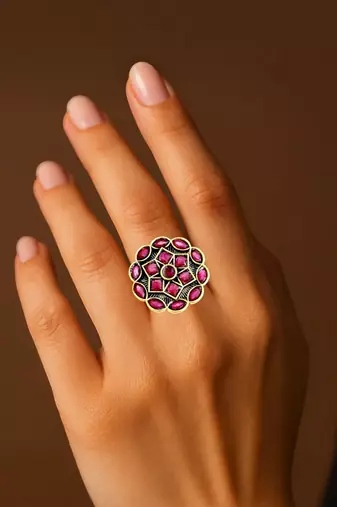 Ruby red geometric floral adjustable finger ring