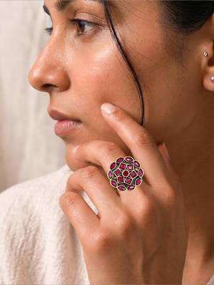 Ruby red geometric floral adjustable finger ring 5