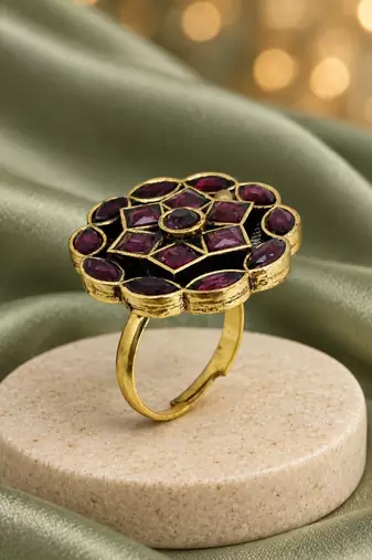 Wine geometric floral adjustable finger ring