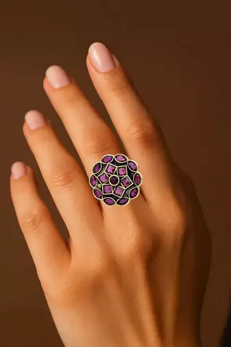 Wine geometric floral adjustable finger ring