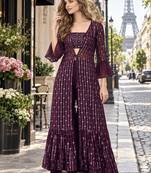 Purple georgette free size stitched shrug suit with sequence thread work