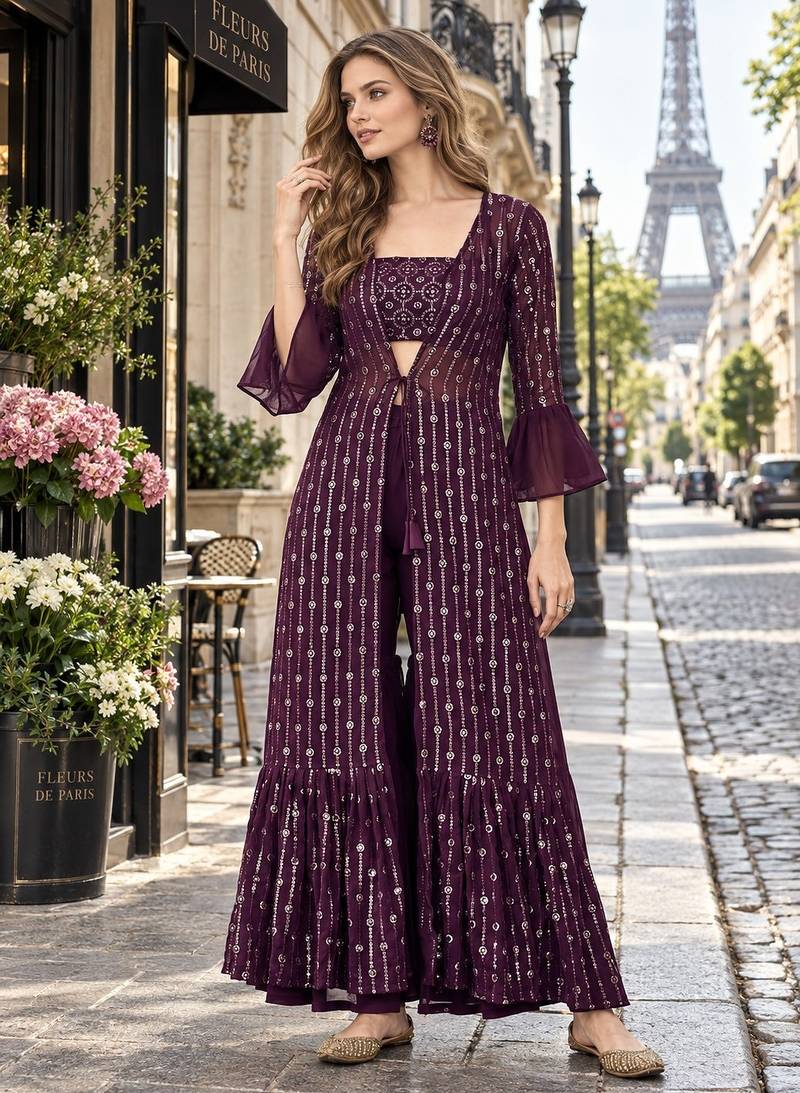 Purple georgette free size stitched shrug suit with sequence thread work