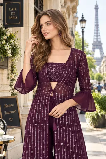 Purple georgette free size stitched shrug suit with Sequin thread work