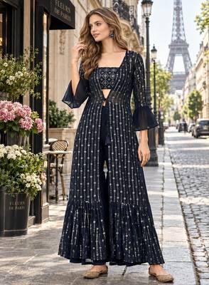 Navy georgette free size stitched shrug suit with sequence thread work 1