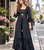 Navy georgette free size stitched shrug suit with sequence thread work