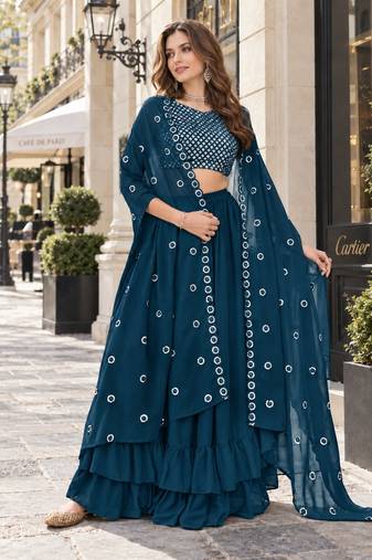 Teal blue georgette free size stitched lehenga choli with sequence & thread work