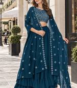Teal blue georgette free size stitched lehenga choli with sequence & thread work