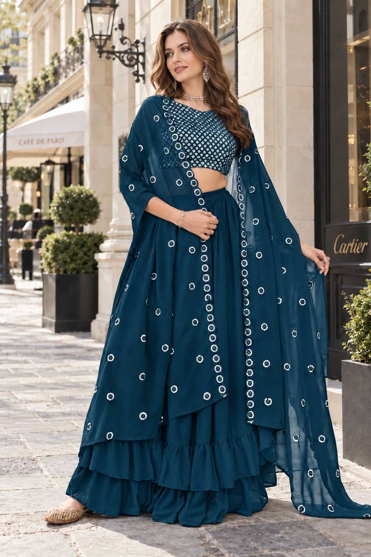 Teal blue georgette free size stitched lehenga choli with sequence & thread work