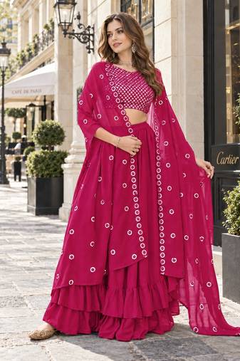 Magenta georgette free size stitched lehenga choli with sequence & thread work