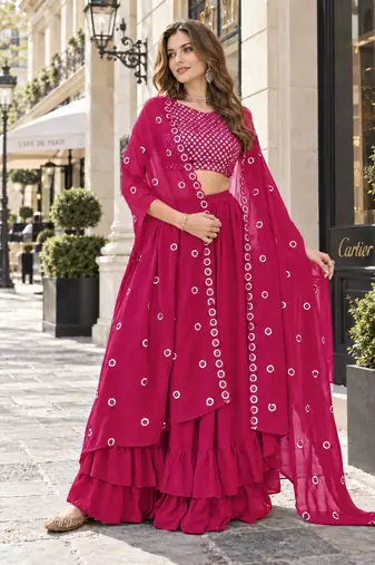 Magenta georgette free size stitched lehenga choli with sequence & thread work