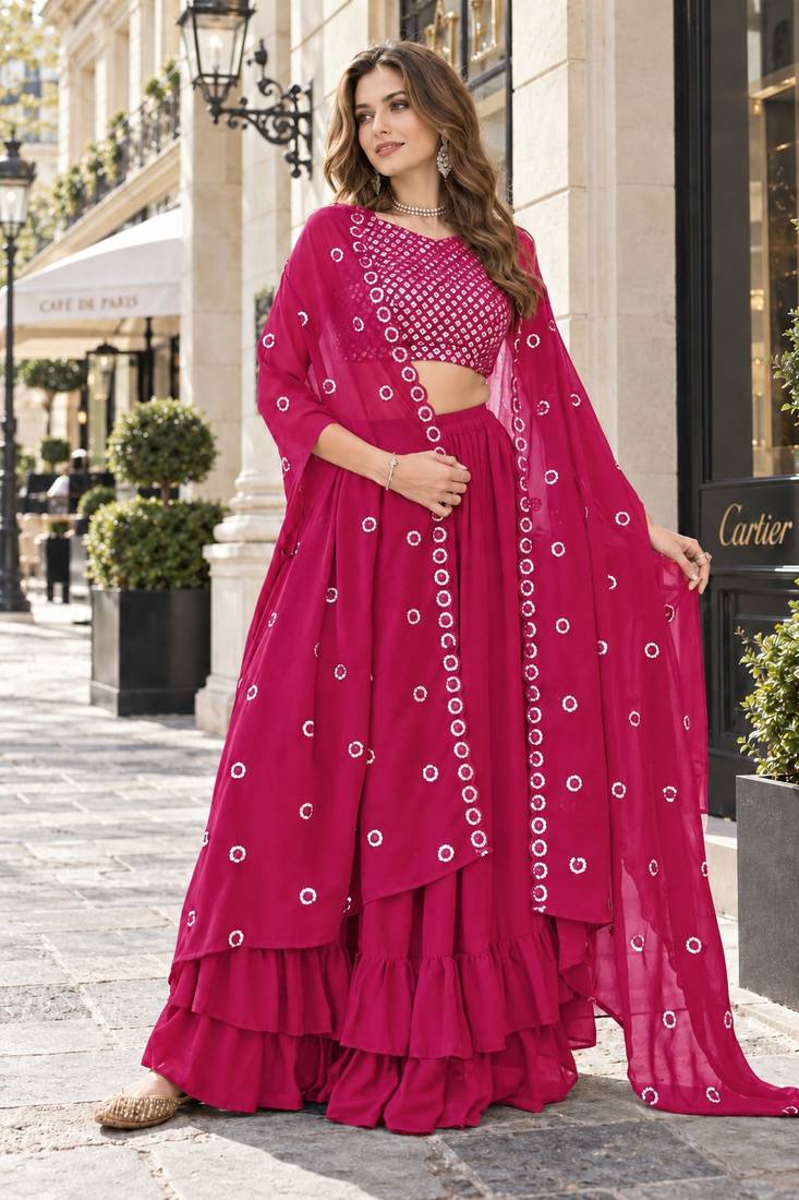 Magenta georgette free size stitched lehenga choli with sequence & thread work