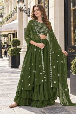 Mehendi georgette free size stitched lehenga choli with sequence & thread work 1
