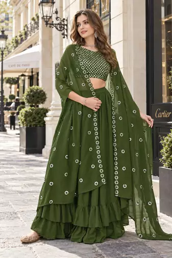 Mehendi georgette free size stitched lehenga choli with sequence & thread work