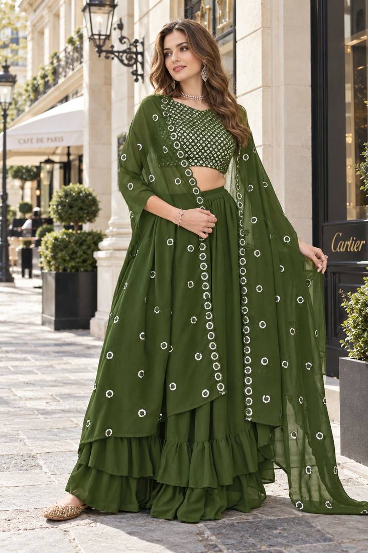 Mehendi georgette free size stitched lehenga choli with sequence & thread work