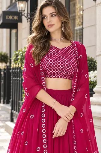 Magenta georgette free size stitched lehenga choli with sequence & thread work